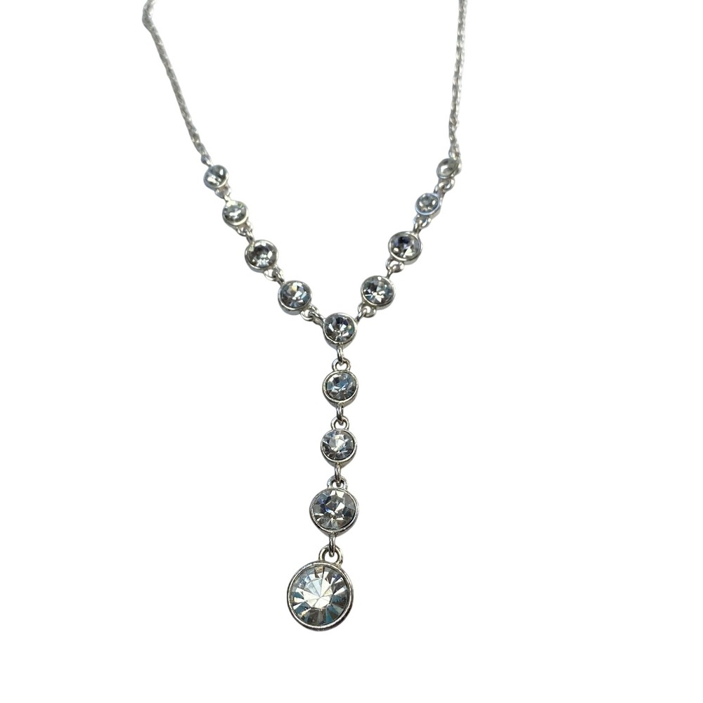 Napier Rhinestone Necklace Graduated Clear Y-Drop Silver Tone Adjustable Chain